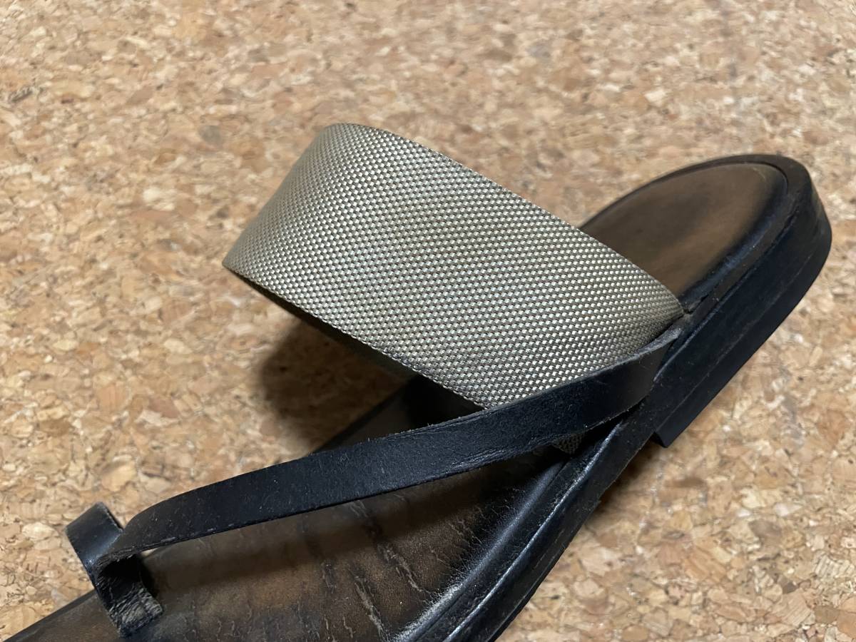◯ HERMES レザー × キャンバス コンビ サンダル / エルメス トング 黒