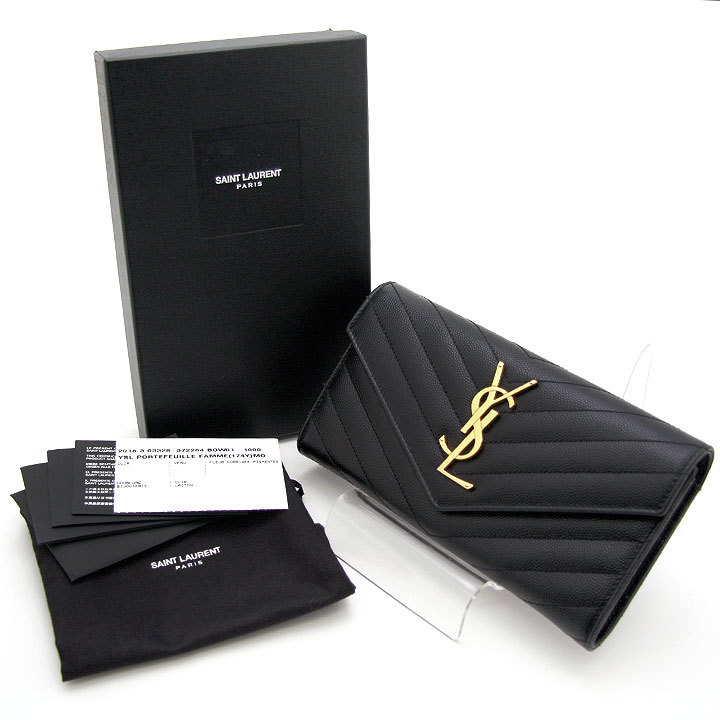 中古良品 サンローラン SAINT LAURENT 長財布 モノグラム ロングウォレット 372264 ブラック ゴールド金具 YSL ブランド レザー 黒革