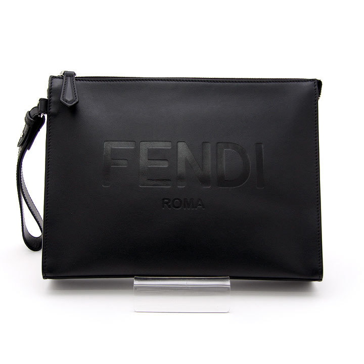 中古美品 フェンディ クラッチバッグ ロゴ フラット スリム 7VA491 ブラック FENDI リストレット付 2way セカンドバッグ 黒革 イタリア製_画像1