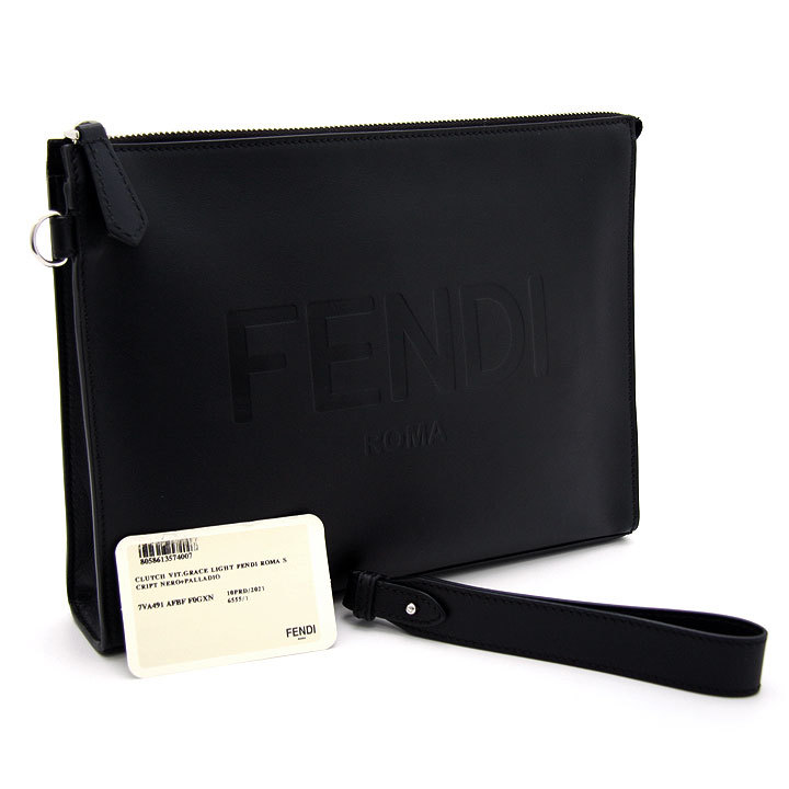 中古美品 フェンディ クラッチバッグ ロゴ フラット スリム 7VA491 ブラック FENDI リストレット付 2way セカンドバッグ 黒革 イタリア製_画像9