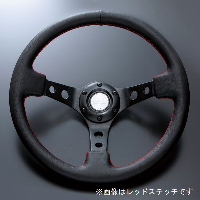 D1SPEC ステアリング DEEP70 35パイ ブラックスポーク/レッドステッチ ブラックレザータイプの画像1