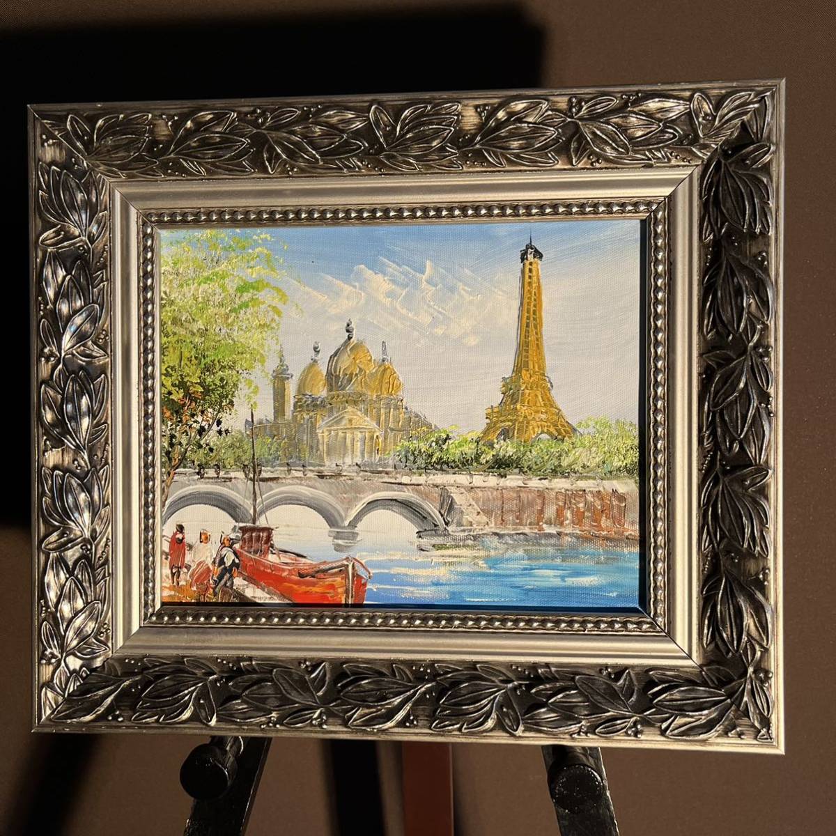手書き油絵 パリの風景 エッフェル塔とノートルダム大聖堂 額付 絵画