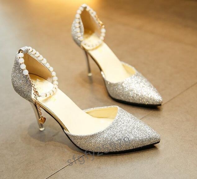 K559* new goods lady's high heel pearl charm ankle strap pin heel formal wedding pumps silver 24cm