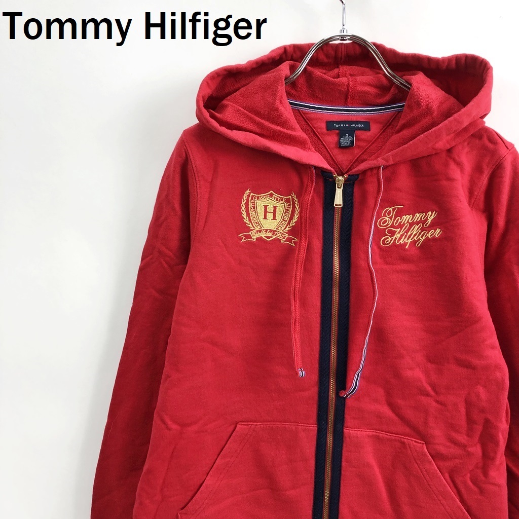 【人気】Tommy Hilfiger/トミーヒルフィガー パーカー スウェット素材 ジップアップ 刺繍 コットン100％ レッド サイズM レディース/S5571_画像1