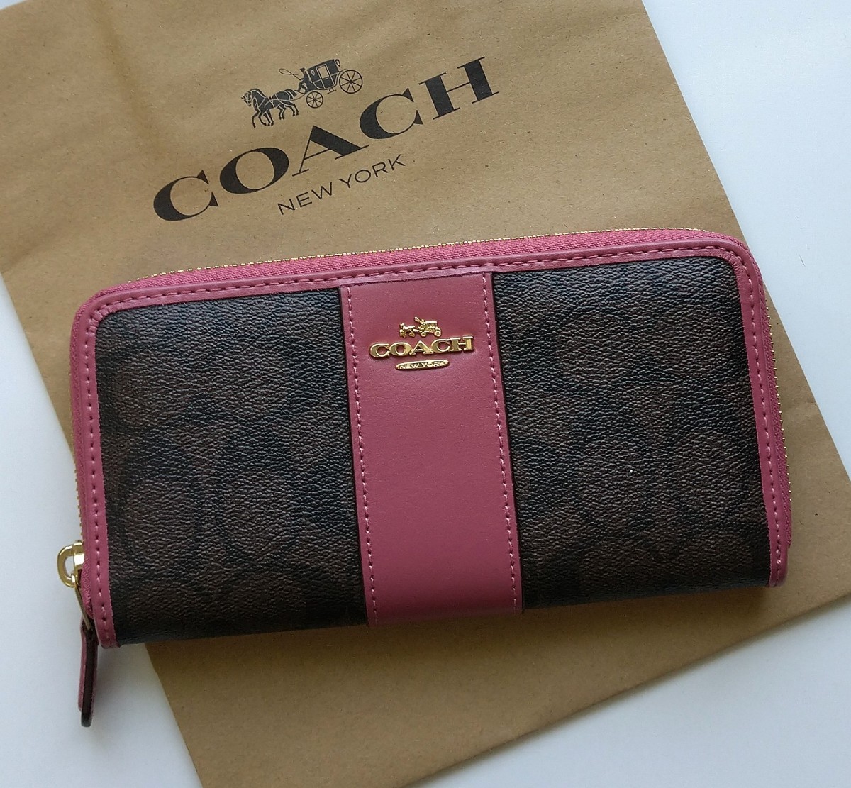 新品】COACH コーチ 長財布 シグネチャー ブラウン ピンク Yahoo