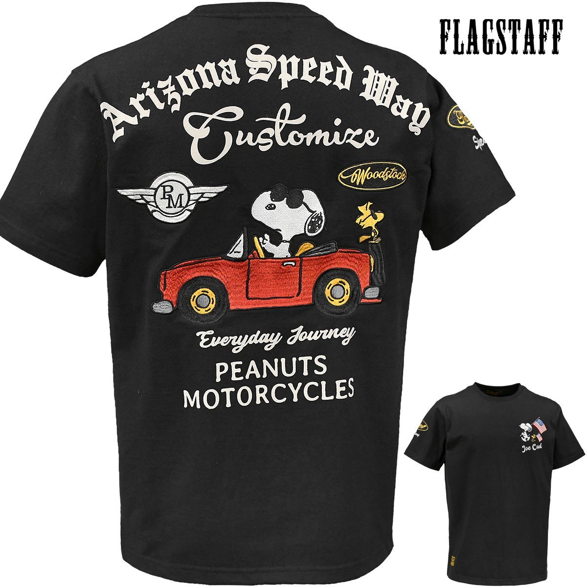 432031-20 SNOOPY PEANUTS スヌーピー 半袖Tシャツ クルーネック JOECOOL アメカジ オープンカー メンズ(ブラック黒) M FLAG STAFF_画像1