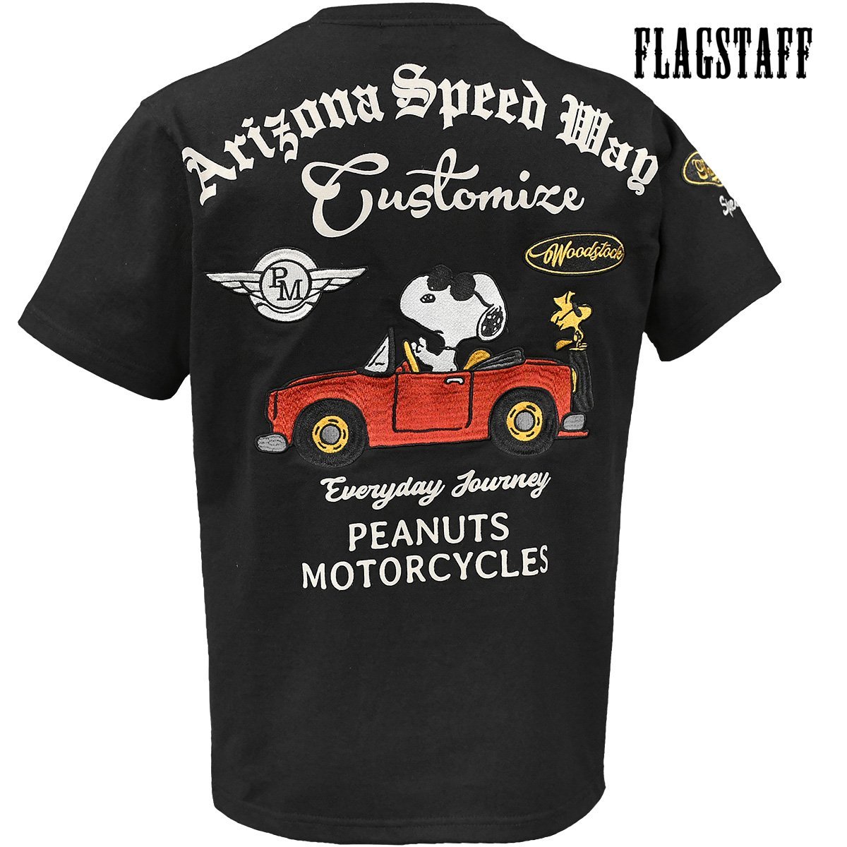 432031-20 SNOOPY PEANUTS スヌーピー 半袖Tシャツ クルーネック JOECOOL アメカジ オープンカー メンズ(ブラック黒) M FLAG STAFF_画像4