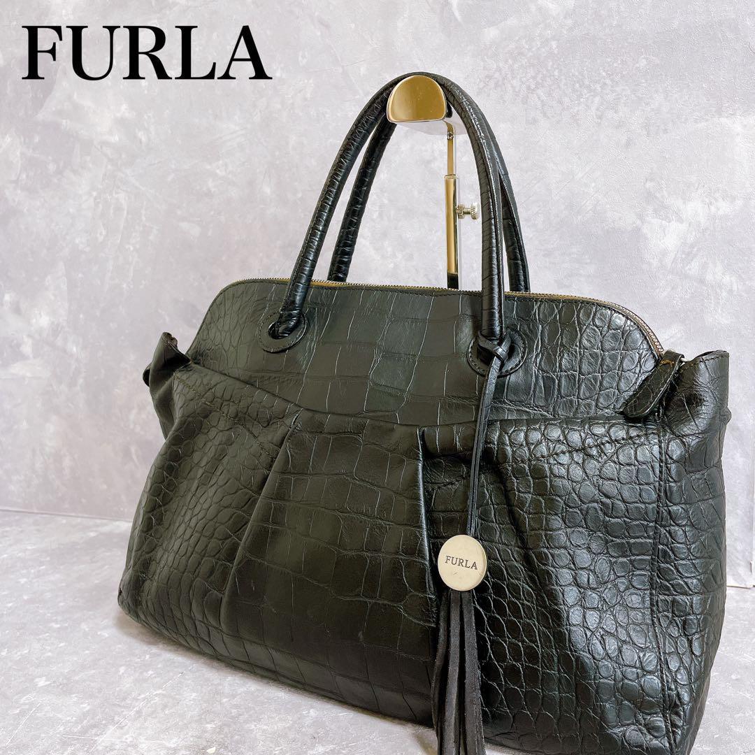 FURLA フルラ クロコダイル型押しレザー トートバッグ 内バッグ付き 美