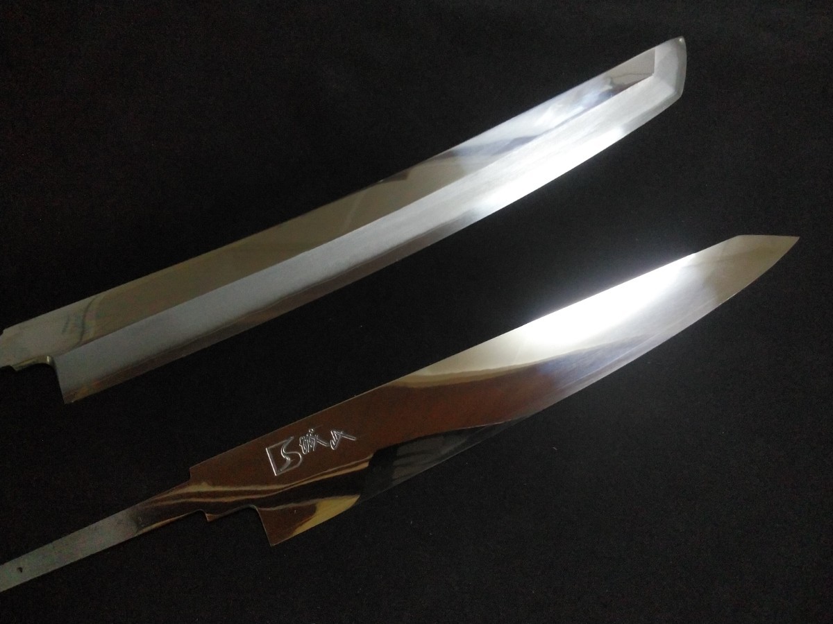 大好き 城山刃物製作所(堺業務用刃物メーカー直売)二本セット販売!尺先丸(銀三二層鋼)と八寸五分切付型和牛刀(ZDP189とSUS3 三層鋼)鞘無し 刺身包丁 大好き 城山刃物製作所(堺業務用刃物メーカー直売)二本セット販売!尺先丸(銀三二層鋼)と八寸五分切付型和牛刀(ZDP189とSUS3 三層鋼)鞘無し 刺身包丁
