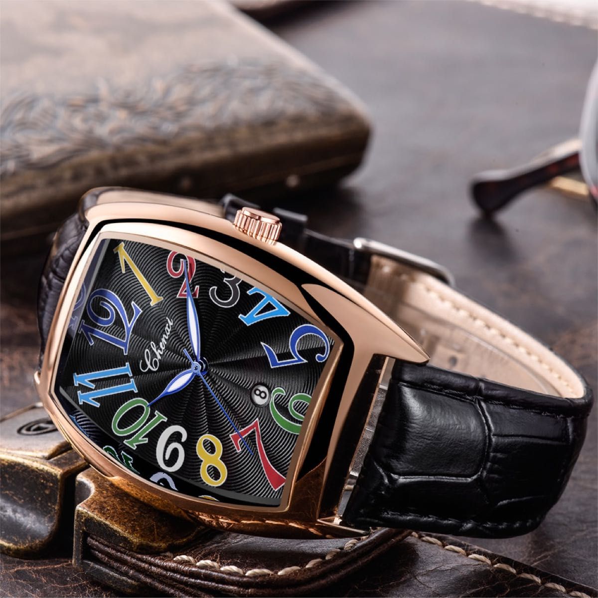 新品 ギフトボックス付き CHENXI メンズ　本革レザーベルトクォーツ腕時計　カラードリーム　