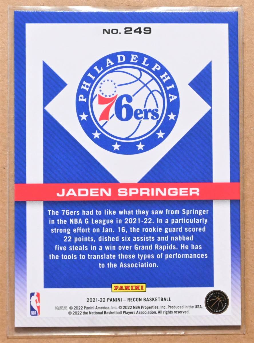 JADEN SPRINGER (ジェイデン・スプリンガー) 2021-22 RECON ROOKIE ルーキー トレーディングカード 249 【NBA,シクサーズ,76ers】_画像2