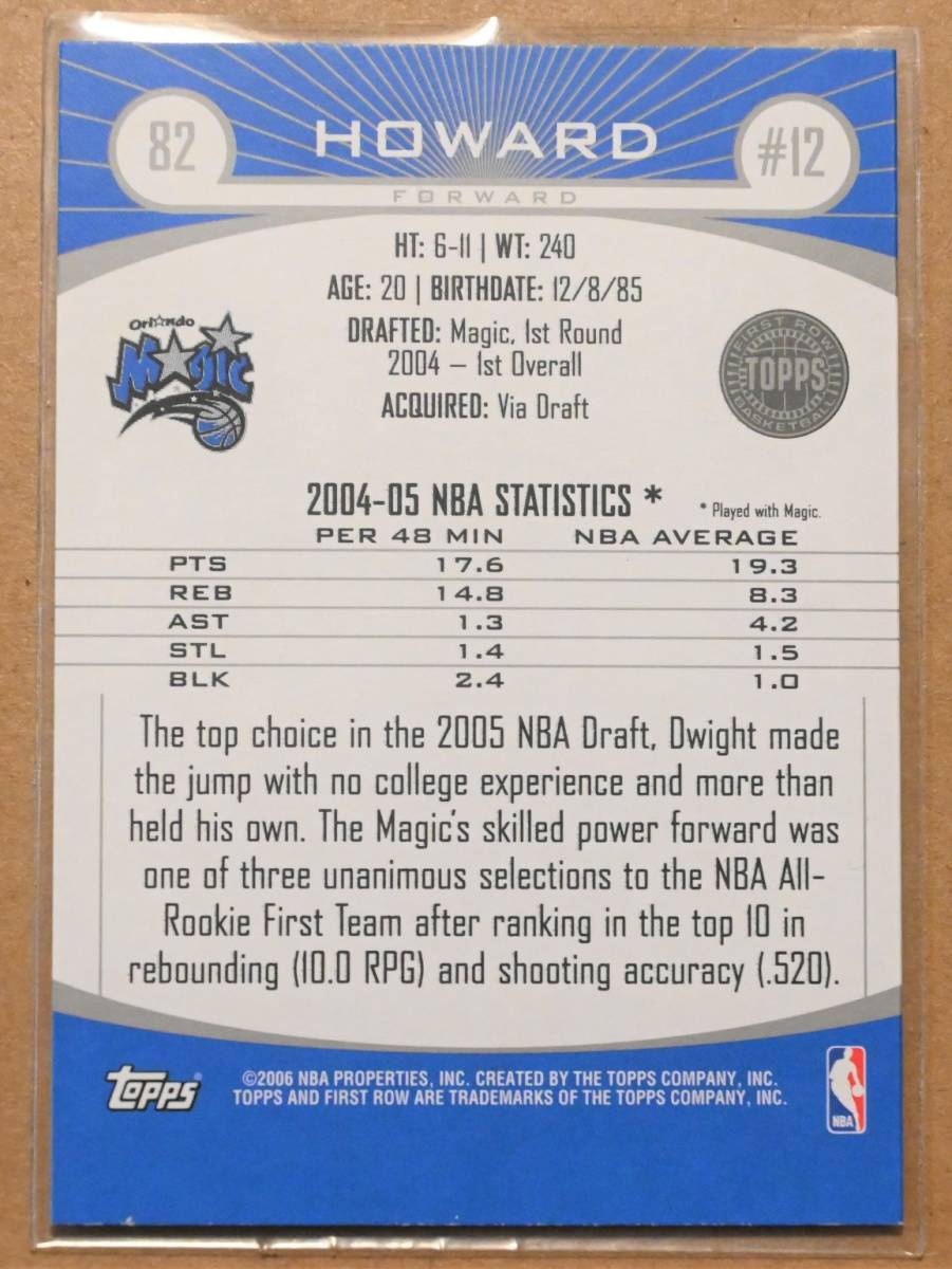 DWIGHT HOWARD (ドワイト・ハワード) 2006 TOPPS FIRST ROWトレーディングカード 82 【NBA,オーランドマジック,ORANDO MAGIC】_画像2