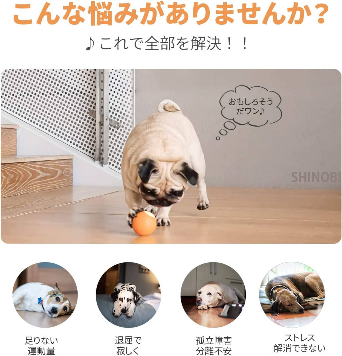 オレンジ色 電動犬おもちゃボール: 自動動き・揺れ・バウンド機能、3モード選択、天然ゴム、DC充電、運動不足&ストレス対策、小型犬用