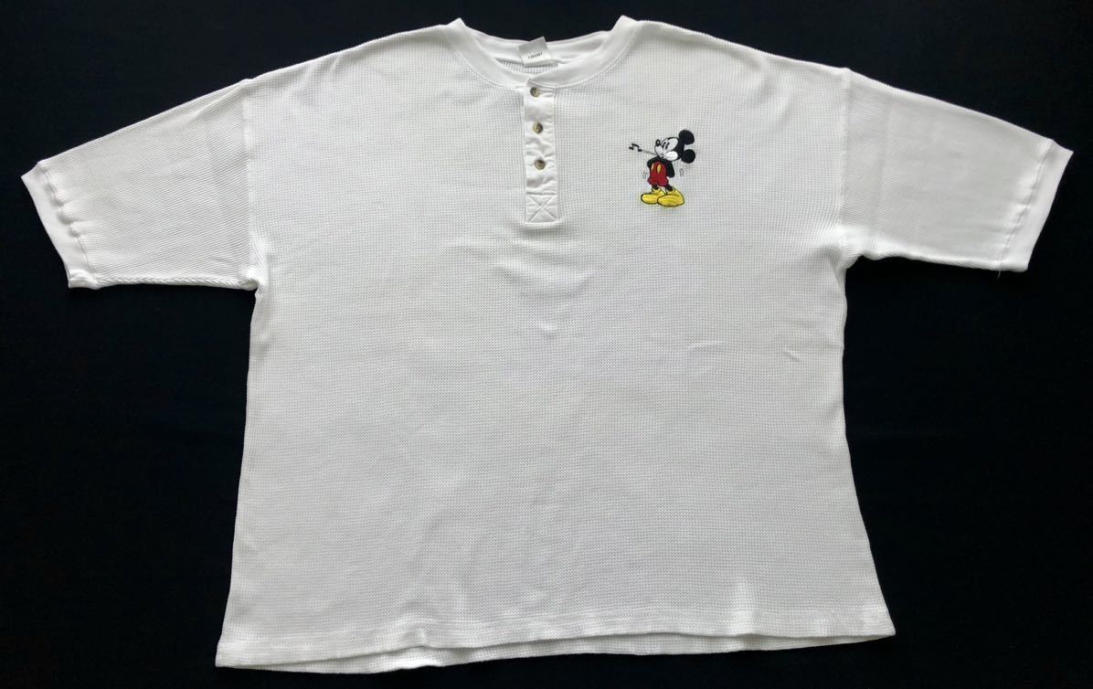 90s 大きいサイズ ディズニー ミッキーマウス ヘンリーネック サーマル　　Tシャツ ゆるダボ 刺繍 DISNEY 90年代 ヴィンテージ 柳7428