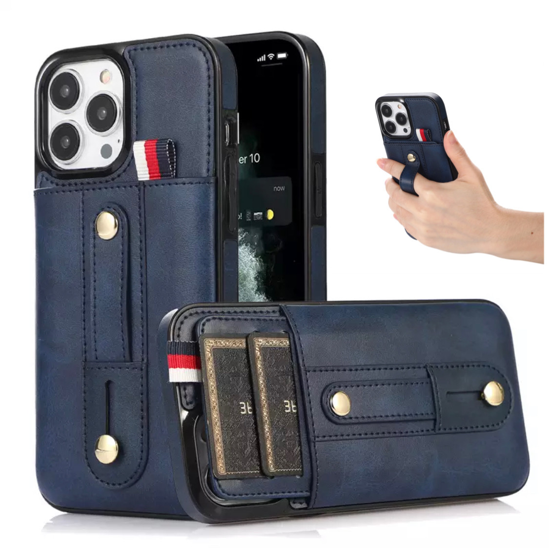 iPhone14 iPhone13 smartphone case leather case leather leather card inserting ring belt loop strap falling prevention liquid crystal film blue 