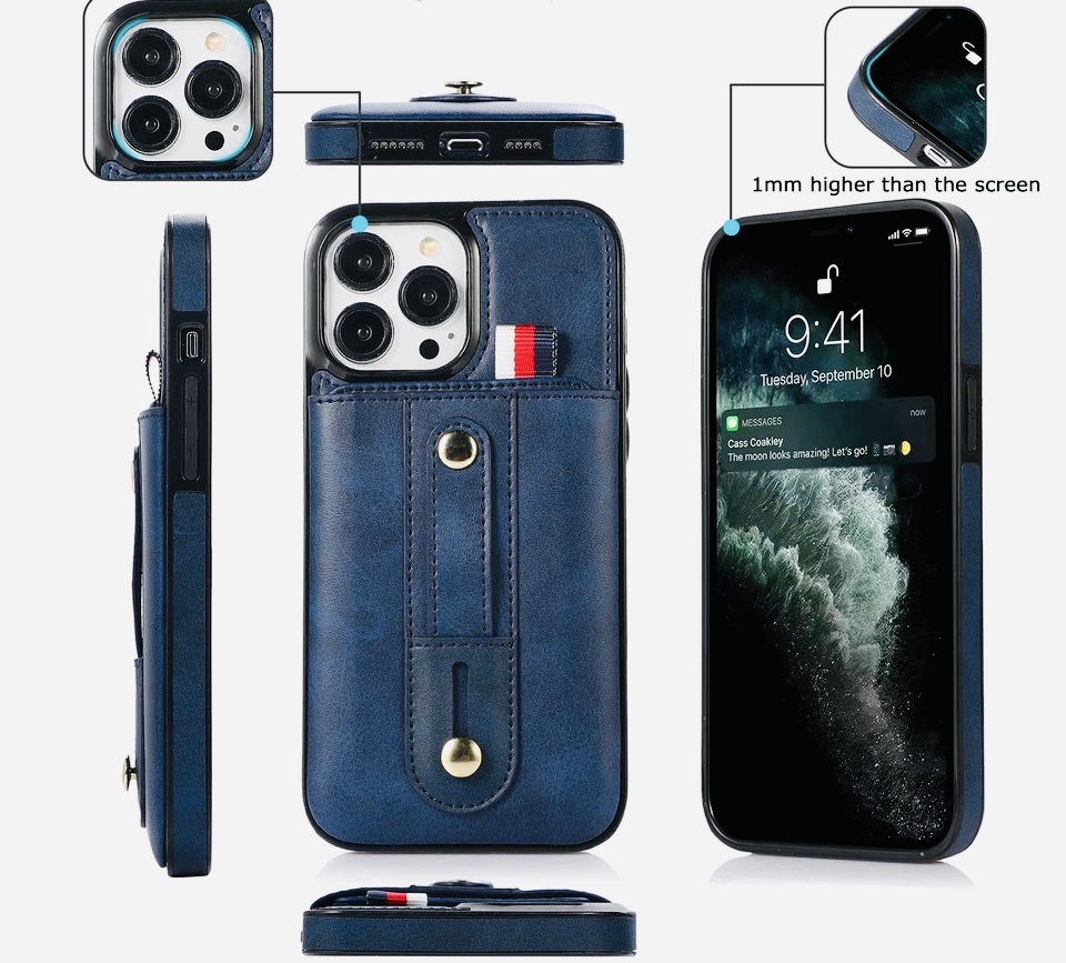 iPhone14 iPhone13 smartphone case leather case leather leather card inserting ring belt loop strap falling prevention liquid crystal film blue 