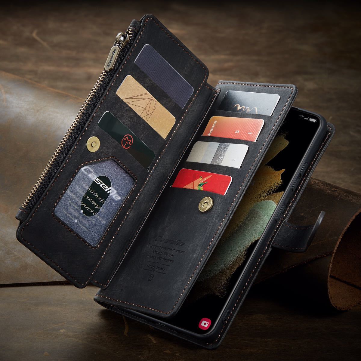 Galaxy S21+ 5G レザーケース SCG10 ギャラクシー s21 プラス　ケース　手帳型 お財布付き カード収納 カバー　black