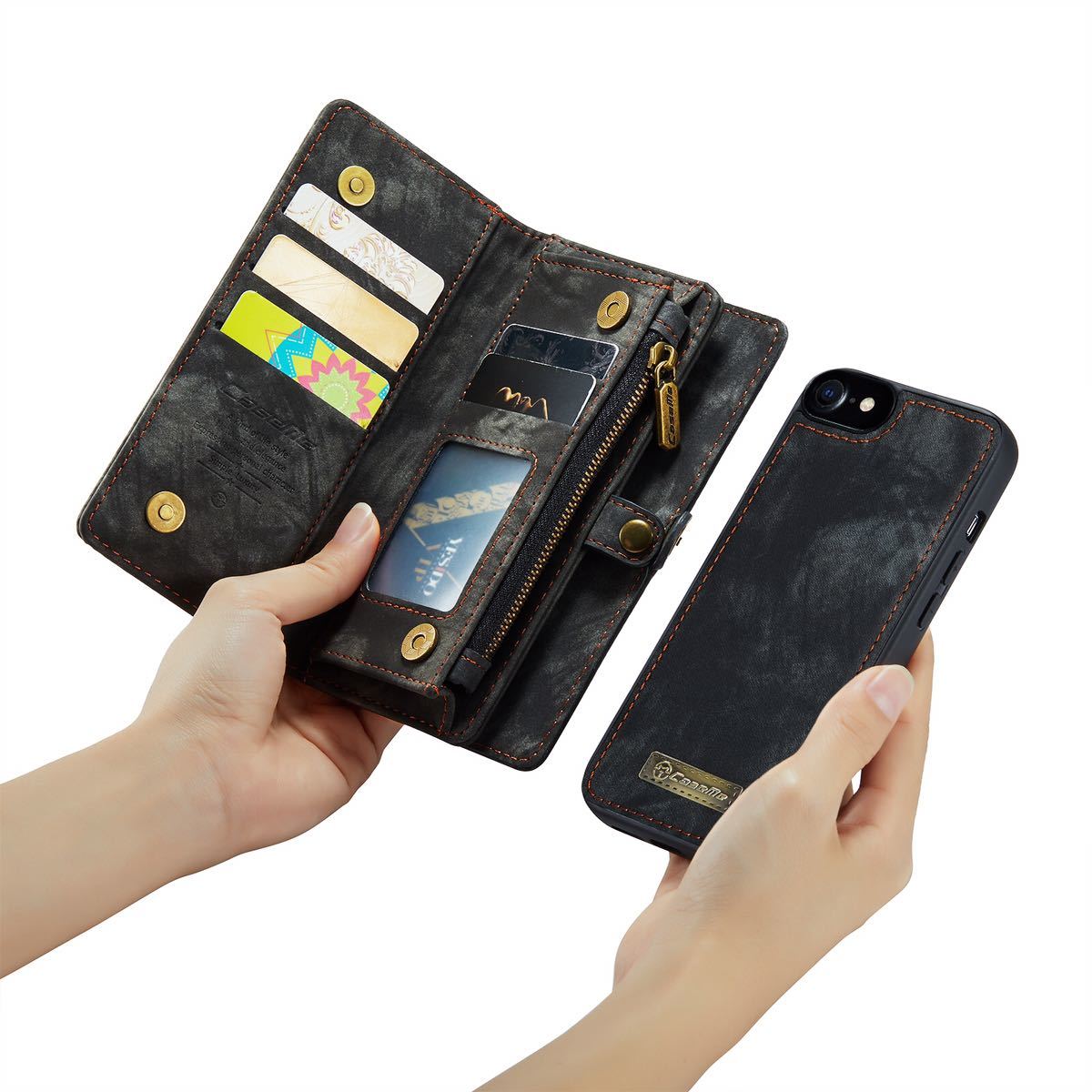 iPhone SE2 レザーケース iPhone SE3アイフォン7 レザーケース iPhone7/8 カバー　手帳型 カード収納 ファスナー付き　財布型　black_画像6