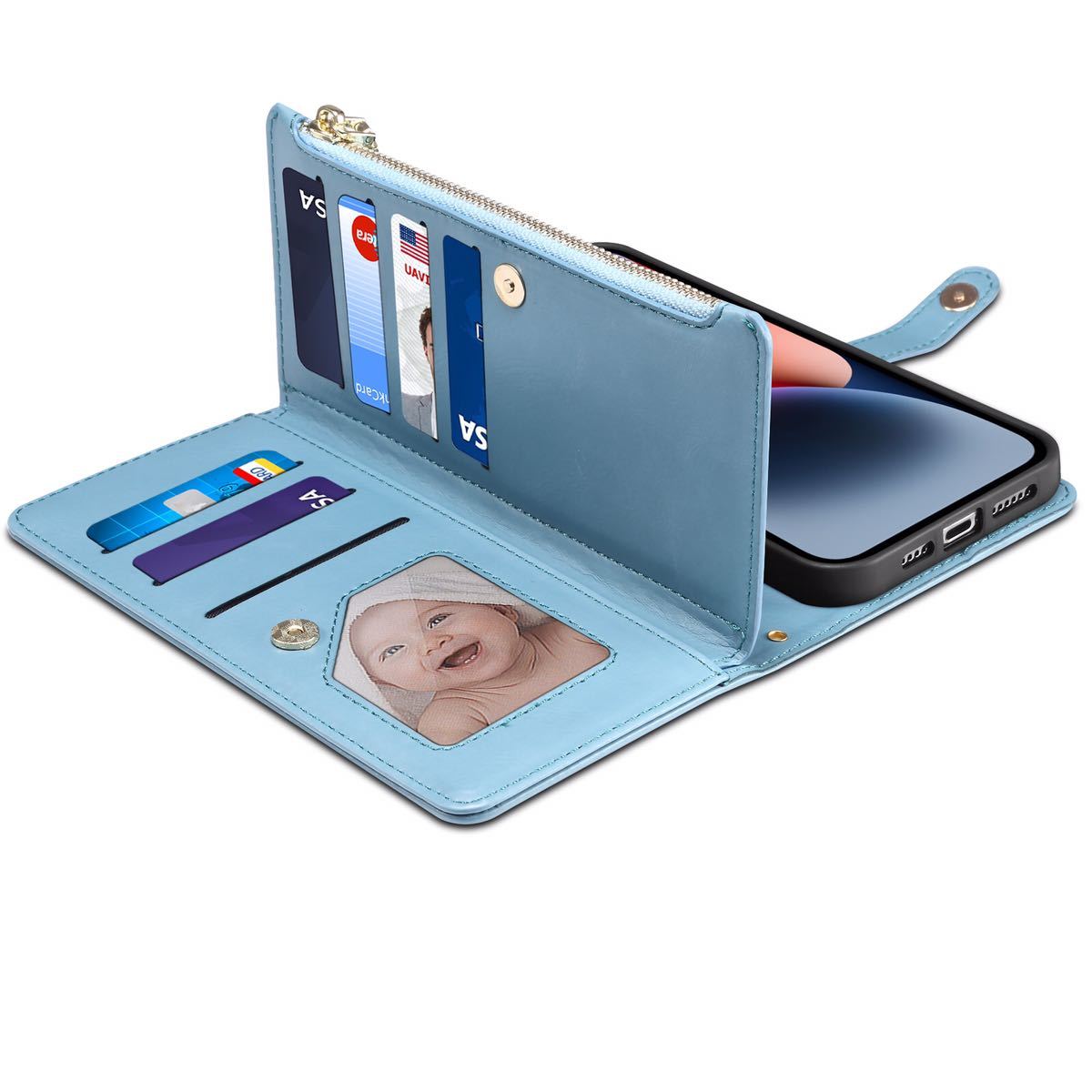 iPhone 13 レザーケース アイフォン13 ショルダーケース iPhone13 カバー 手帳型 お財布付き カード収納 ストラップ2本付き M ブルー