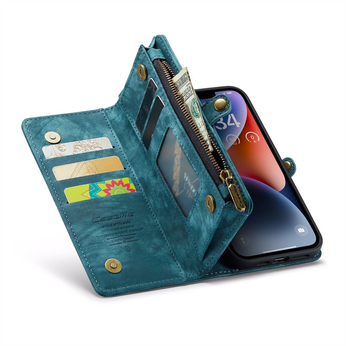 iPhone 13 Pro max レザーケース アイフォン13 プロ マックス カバー 手帳型 お財布付き カード収納 財布型 ストラップ付き ブルー_画像9