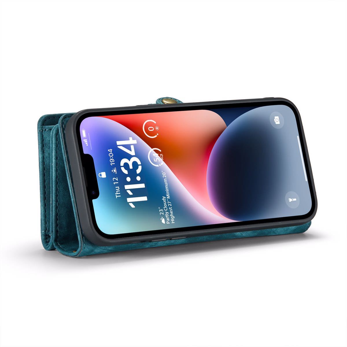 iPhone 13 Pro max レザーケース アイフォン13 プロ マックス カバー 手帳型 お財布付き カード収納 財布型 ストラップ付き ブルー_画像5