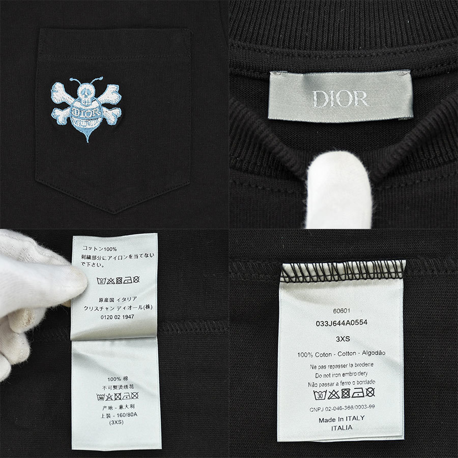 ディオール Dior ショーン ステューシー Shawn Stussy 半袖 Tシャツ BEE 刺繍 コットン ブラック 黒 サイズXXXS クルーネック メンズ 中古_画像6