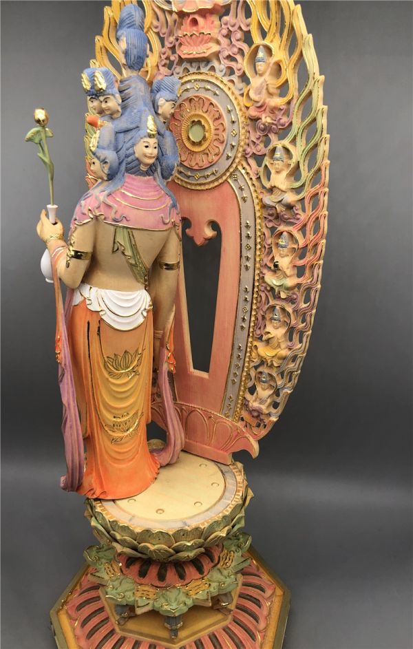 新作 総檜材 木彫仏像 仏教美術 精密細工 金箔 切金 彩色十一面観音 