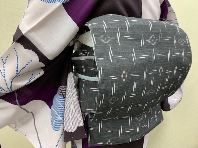 競売 夏の本麻 八寸名古屋帯 琉球絣風 アンティークな色合いでオシャレ