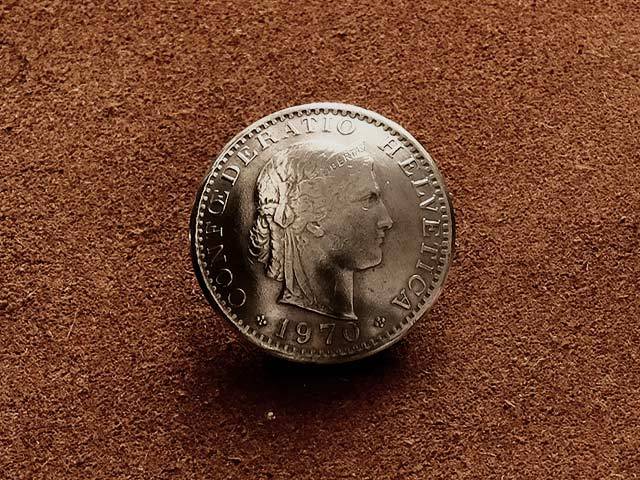 スイス 20ラッペン コインコンチョ 21mm ヘアゴムブレスレット（ヘルヴェティア頭像）：ループ 古銭 硬貨 バングル アンクレット 髪留め_画像2