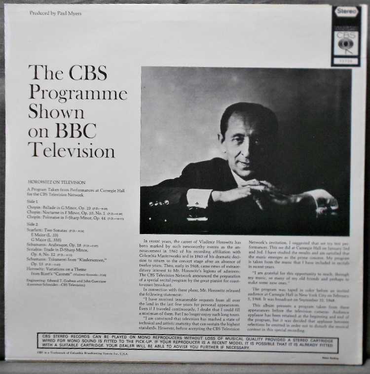 (LP) UK/初回オリジナル [ホロヴィッツ・オン・テレヴィジョン] 1968年/青一つ目ラベル/Horowitz on Television/英CBS 72720の画像2