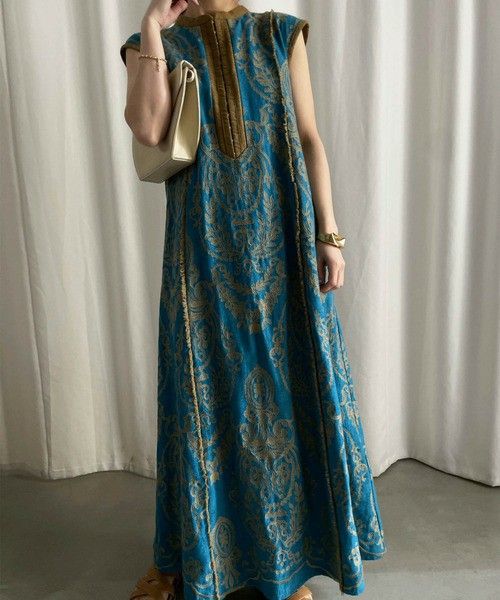 アメリヴィンテージ】DAMASK EMBROIDERY LINEN DRESS - ロングワンピース