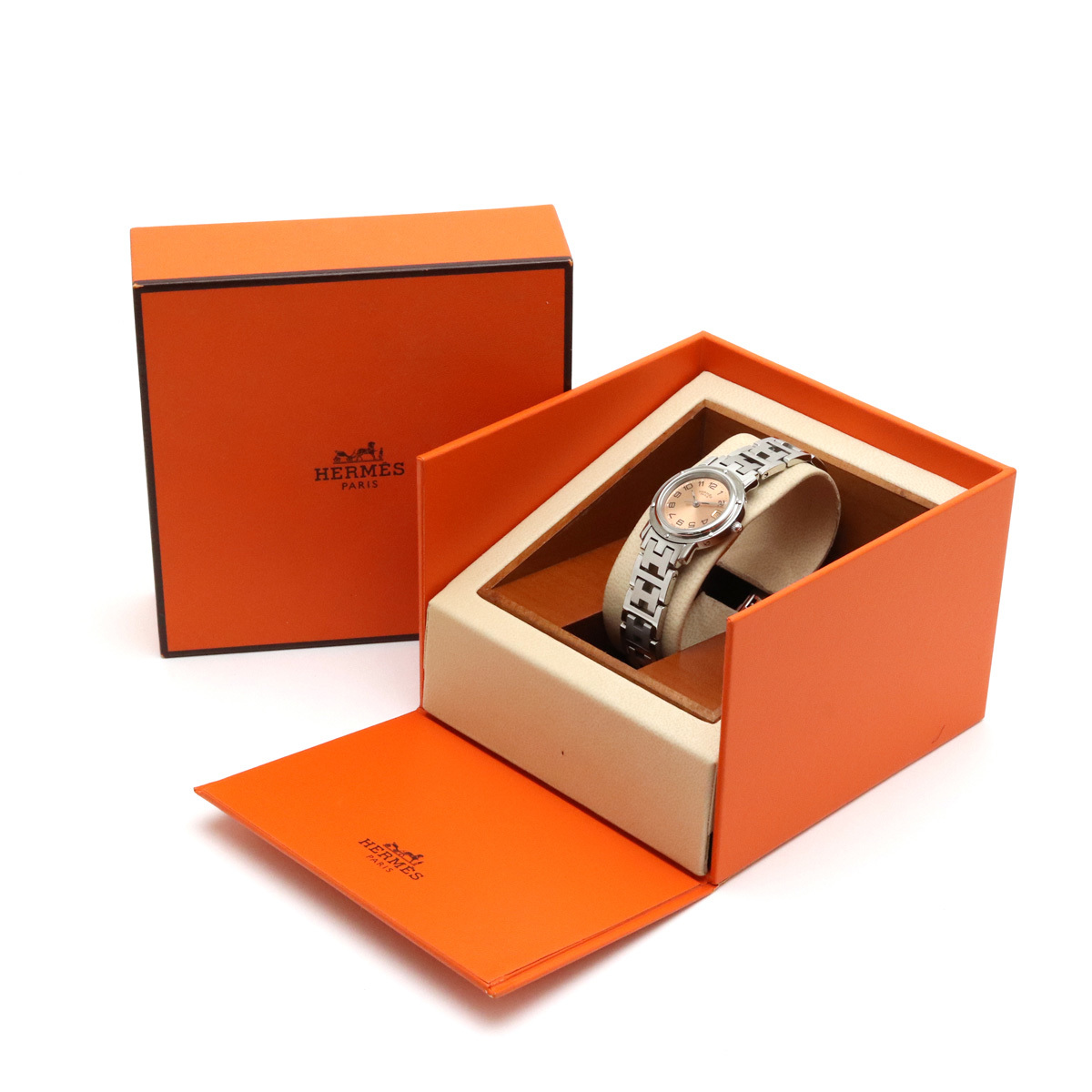 HERMES エルメス クリッパー デイト ピンク文字盤 SS レディース QZ