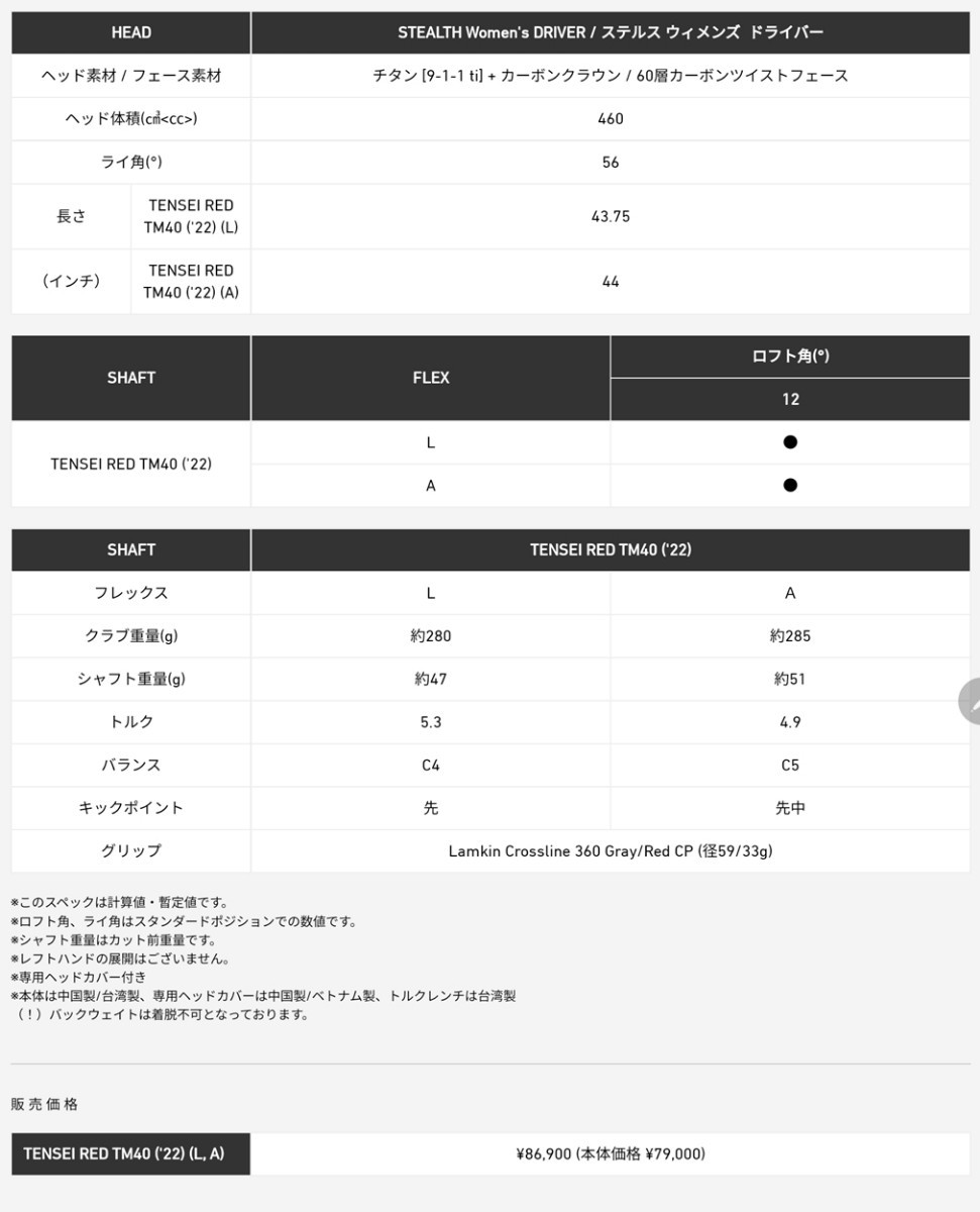 レディース STEALTH ステルス ドライバー 12A テーラーメイド