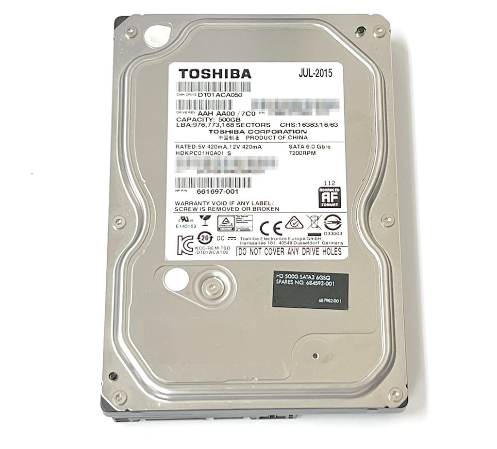 (稼働4742h) TOSHIBA DT01ACA050 500GB 3.5インチ SATA 7200rpm (HP OEM) L1KS_画像1