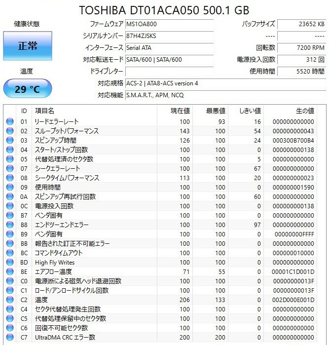 (稼働5520h) TOSHIBA DT01ACA050 500GB 3.5インチ SATA 7200rpm (HP OEM) JSKS_画像3