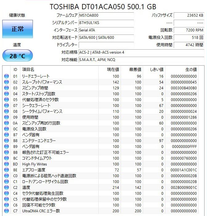 (稼働4742h) TOSHIBA DT01ACA050 500GB 3.5インチ SATA 7200rpm (HP OEM) L1KS_画像3