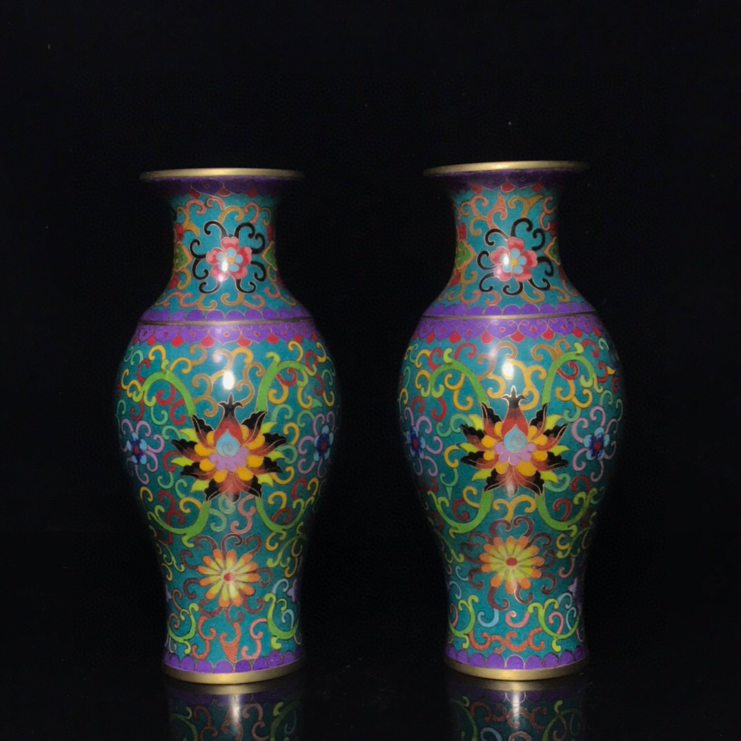 超珍館蔵銅製景泰藍琺瑯彩花卉紋花瓶一對置物古賞物古美術品稀少珍藏品