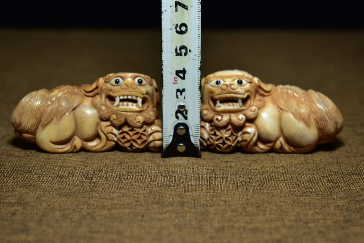 超珍館蔵】角材細密彫 獅子一對 置物 古賞物 古美術品 稀少珍蔵品-