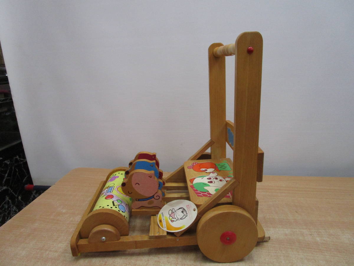 L494* baby hand * car wooden handcart clattering baby walk practice toy toy Showa Retro * antique goods 