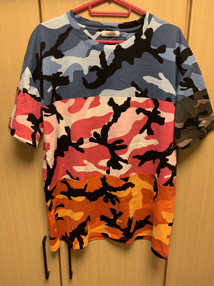 正規 19SS VALENTINO ヴァレンティノ 袖 ロゴ 迷彩 カモフラージュ クルーネック Tシャツ マルチカラー XXL QV3MG12X3M0