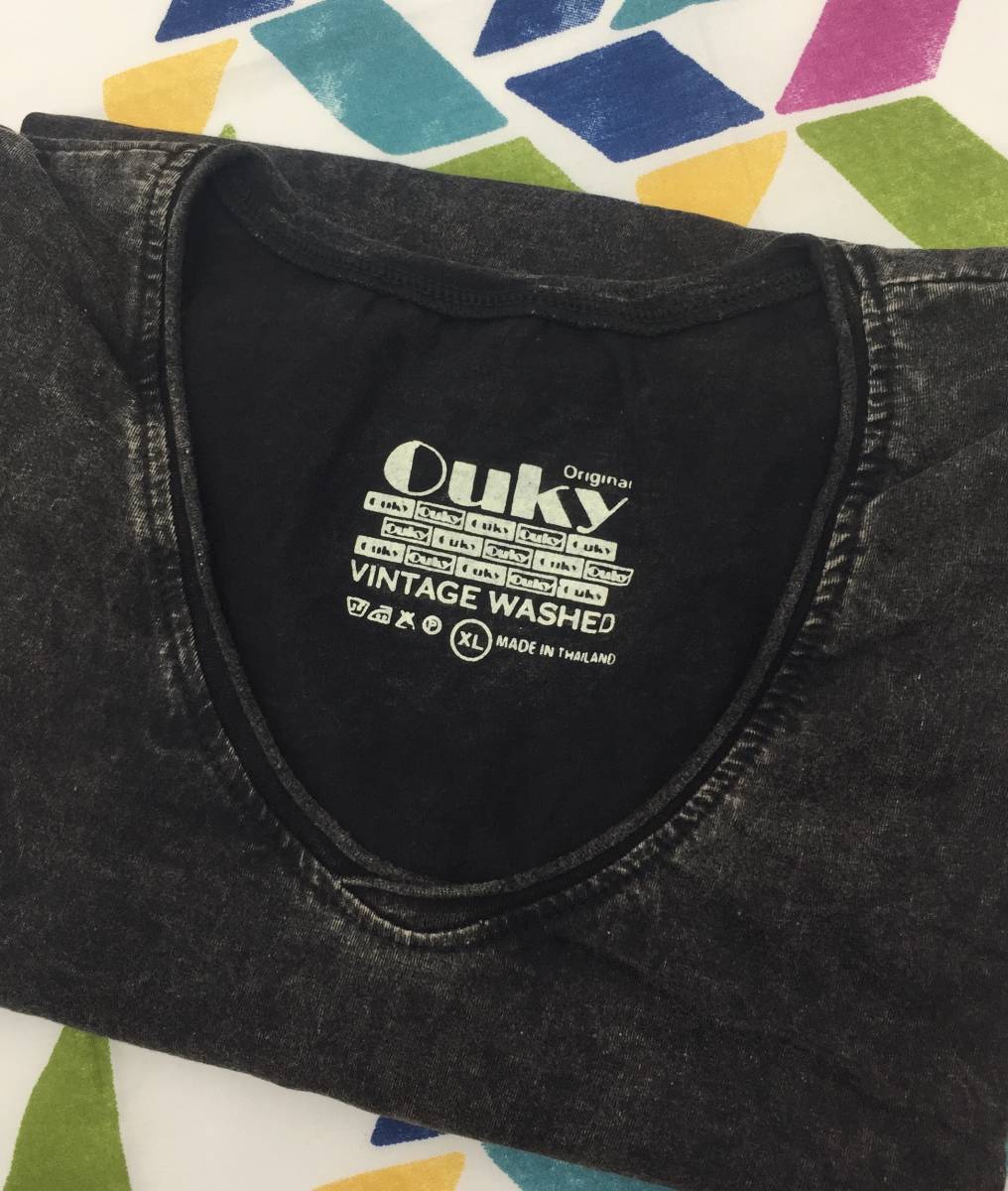 #65_0210 送料無料 【Ouky オーキー】 VINTAGE WASHED 長袖 Tシャツ ユニセックス Vネック 杢ブラック XLサイズ シンプル ロングスリーブ_画像10