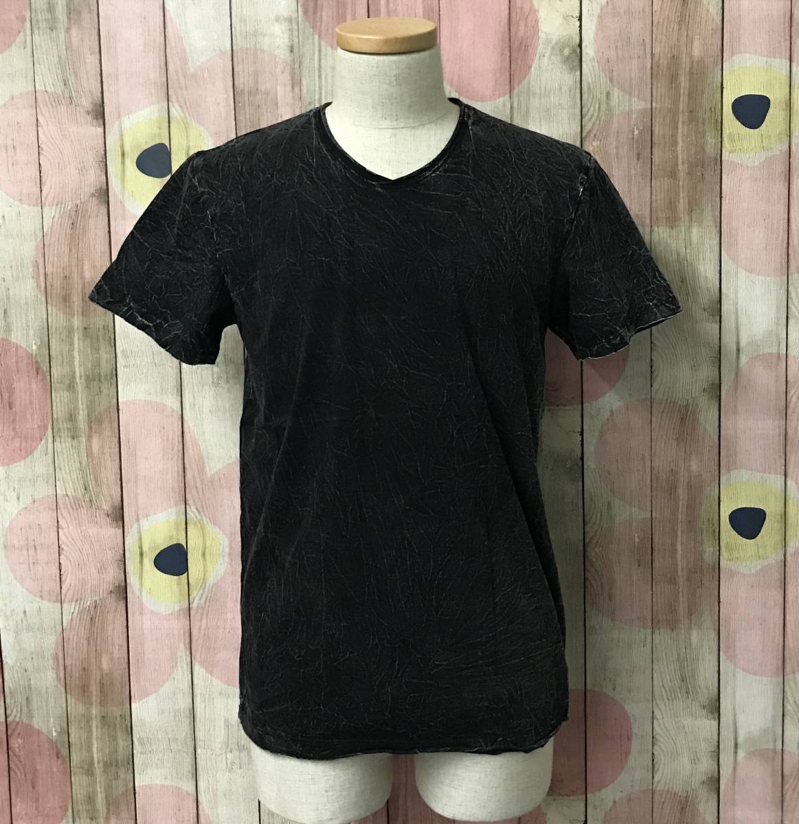 #65_0151 送料無料 【Ouky オーキー】 VINTAGE WASHED ヴィンテージウォッシュ 半袖 Tシャツ Vネック ユニセックス Mサイズ 杢ブラック_画像1