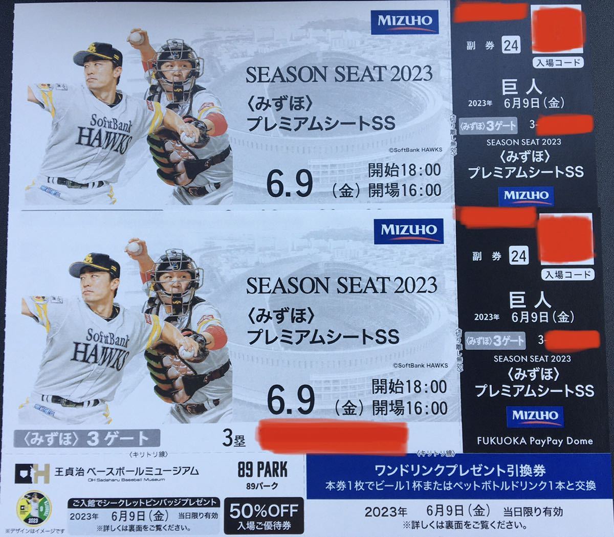 6月9日(金)福岡ソフトバンクホークス対巨人 みずほプレミアムシート