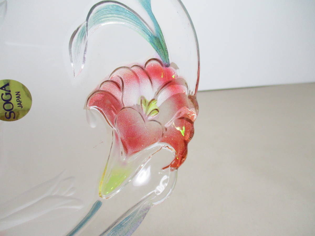 B085*ガラス食器* SOGA 赤花文 ガラス銘々皿 /未使用 /デザート皿 /レトロすりガラス【送料込】の画像8