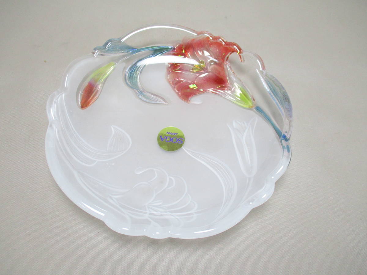 B085*ガラス食器* SOGA 赤花文 ガラス銘々皿 /未使用 /デザート皿 /レトロすりガラス【送料込】の画像4