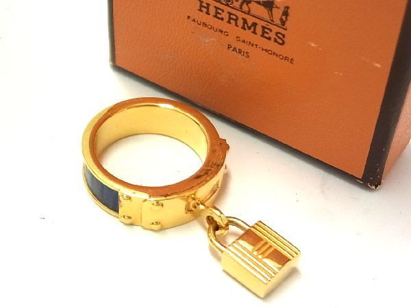 ■極美品■ HERMES エルメス ケリー リザード カデナモチーフ スカーフリング スカーフ留め アクセサリー ブルー系×ゴールド系 AK4873_画像1