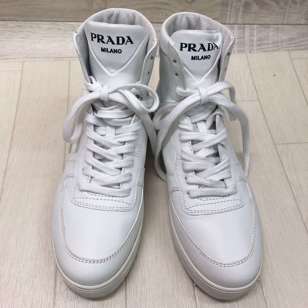 中古 プラダ PRADA ハイカット スニーカー シューズ 靴 36 約23.0cm ホワイト ロゴ 638 レディース_画像2