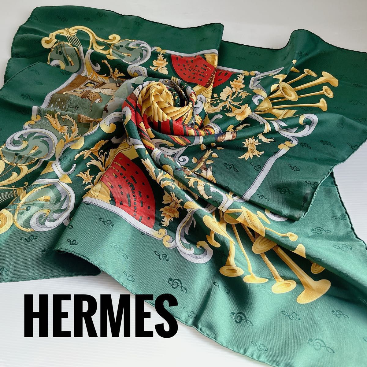 HERMES エルメス スカーフ 管楽器 パイプオルガン 緑 グリーン シルク