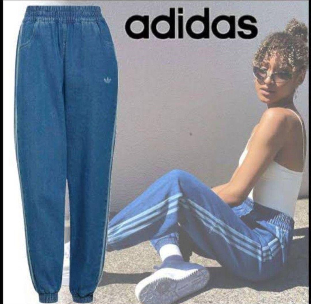 adidas デニムパンツ インディゴブルー ジャージ トラックパンツ 女性M トレーニングウエア ダンス 韓国 アイドル着用