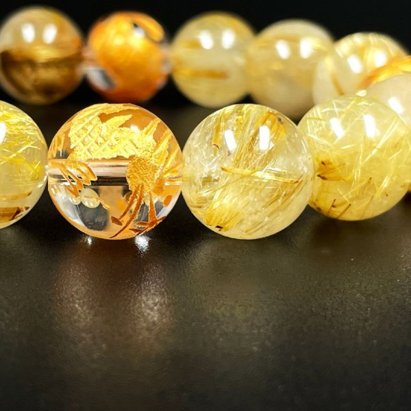金彫四神獣本水晶 ゴールド タイチンルチル ブレスレット 12ミリ 数珠